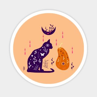 Magical illustration with pumpkin, moon, black cat Magnet